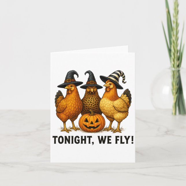 Tonight We Fly Funny Chicken Witch Halloween Desig Card (Front)