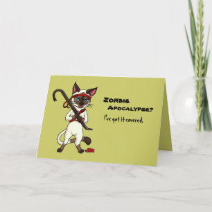 Tonkinese cat with crowbar zombie slayer halloween card