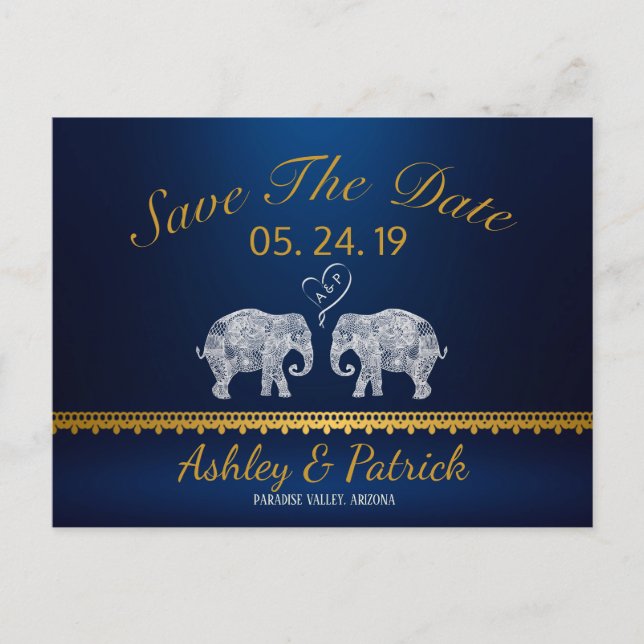 TONS OF LOVE-Elephant Couple Indian Save the Date Announcement Postcard (Front)
