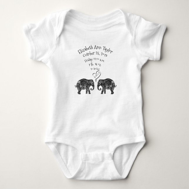 Tons of Love New Baby Birth Record Stats Elephant Bodysuit (Front)