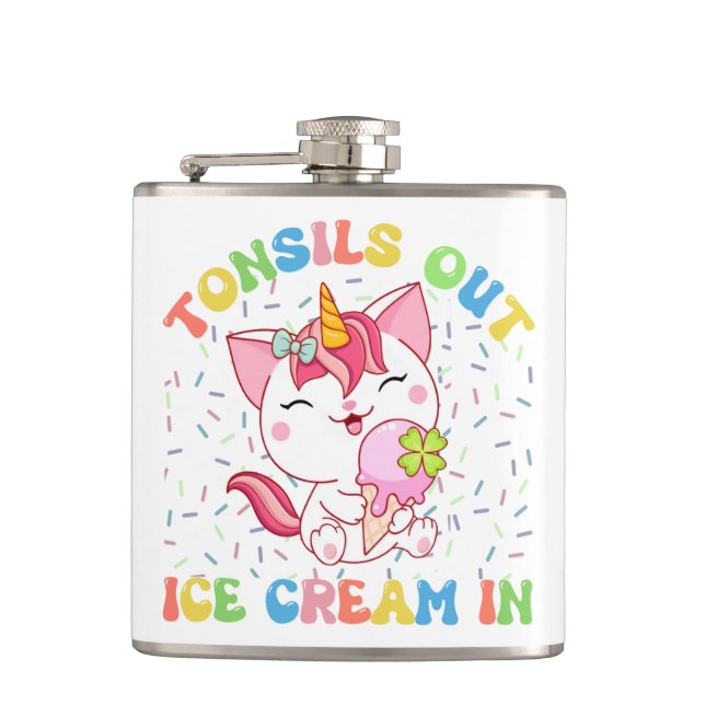Tonsils Out, Ice Cream In | Unicorn Cat Hip Flask (Front)
