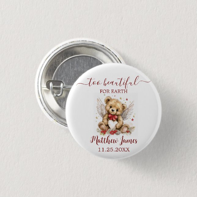 Too Beautiful For Earth Baby Memory Bear Angel 3 Cm Round Badge (Front & Back)