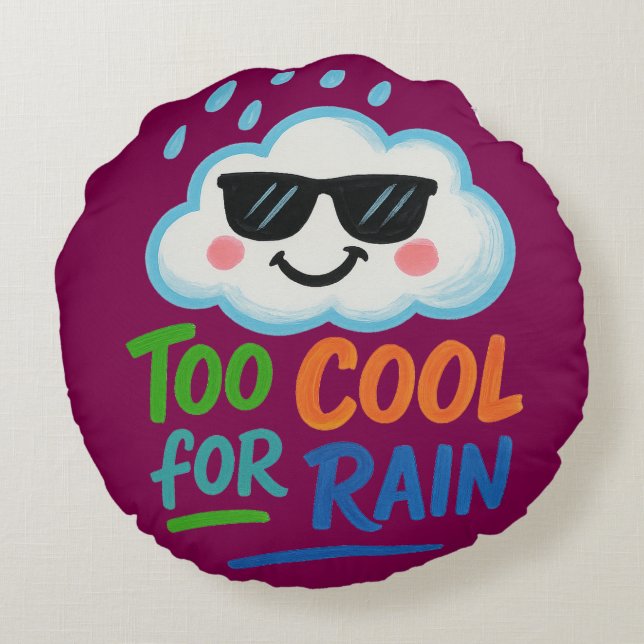 Too Cool for Rain | Cute Cloud Round Throw Pillow (Back)