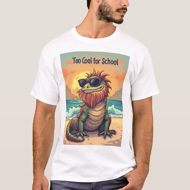 Too Cool for School – Bearded Dragon Beach Cartoon T-Shirt (Front)