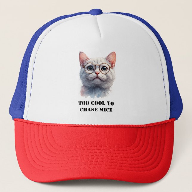 Too Cool to Chase Mice – Stylish White Cat Tee Trucker Hat (Front)
