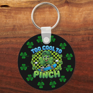 Too Cool to Pinch Skateboard Shamrock St. Patricks Key Ring