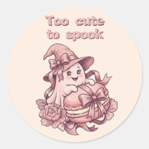Too Cute To Spook Coquette Pink Ghost & Macaron Classic Round Sticker