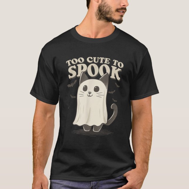 Too Cute To Spook Ghost Cat Kawaii Halloween Costu T-Shirt (Front)
