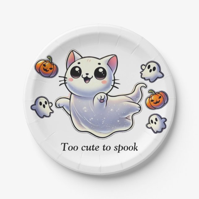 Too cute to spook ghost cat paper plate (Front)