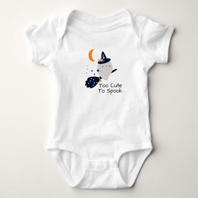 Too Cute to Spook Ghost on a Broom Baby Bodysuit (Front)