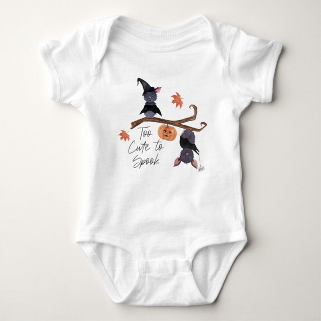 Too Cute to Spook Halloween Watercolor Bats Baby Bodysuit (Front)