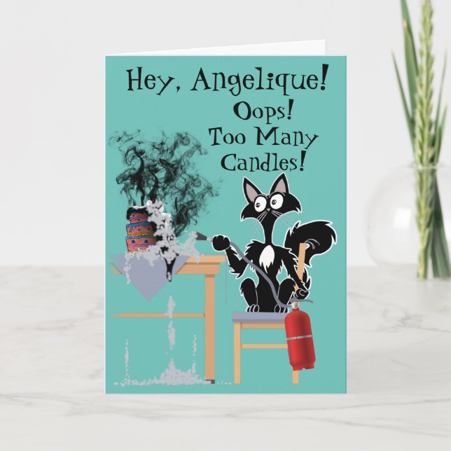 too many candles funny cartoon cat burnt cake card (Front)
