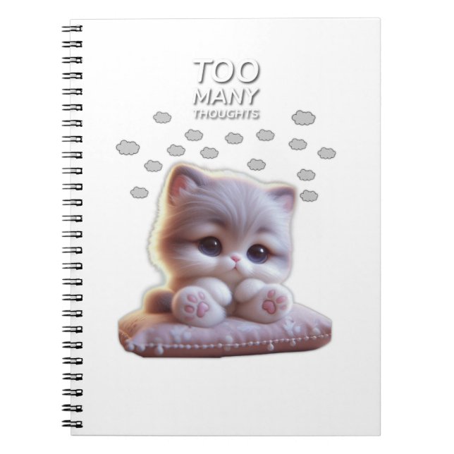 Too Many Thoughts Cat Notebook – Cute Overthinking (Front)
