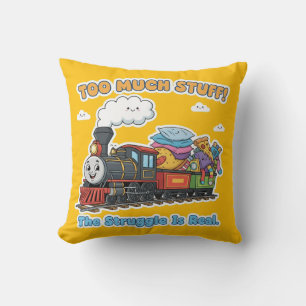 "Too Much Stuff!" Whimsical Steam Engine Train Cushion