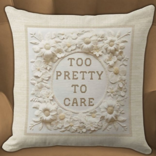 Too Pretty to Care – Sassy & Elegant Floral 3D Cushion (Too Pretty To Care Sassy Ivory 3D Floral Pillow Beige textured background)