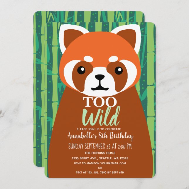 Too Wild Cute Red Panda Kids Birthday  Invitation (Front/Back)