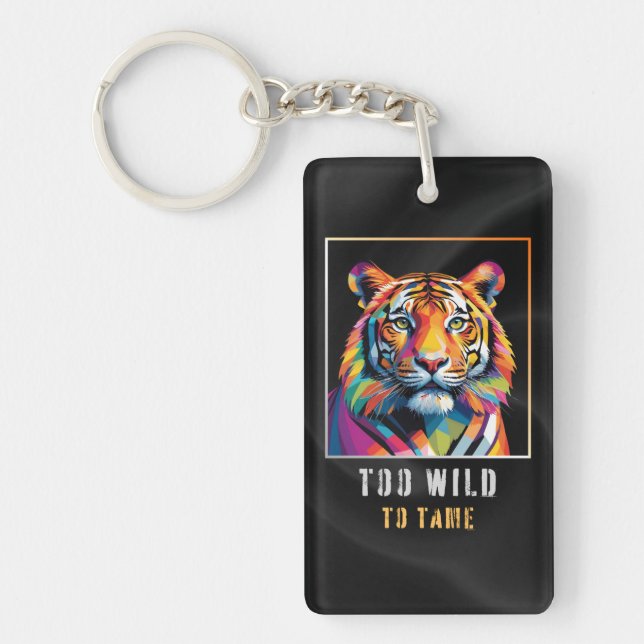 Too Wild to Tame – Colourful Geometric Tiger Head Key Ring (Front)