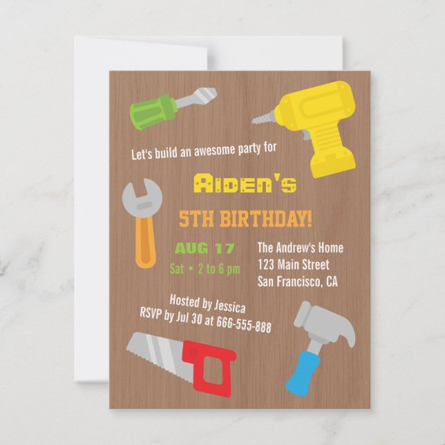 Tool Workshop Boys Birthday Party Invitations (Front)