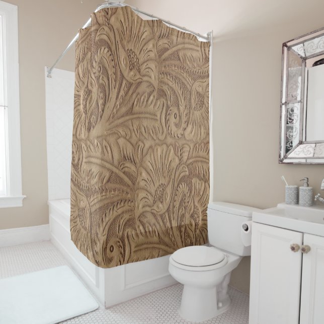 Tooled Leather Brown Large Print Western Shower Curtain (In Situ)