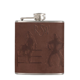 Tooled Leather Cowboys+Horses (Personalised Flask) Hip Flask