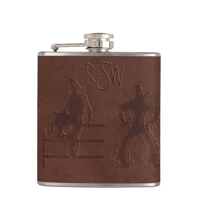 Tooled Leather Cowboys+Horses (Personalised Flask) Hip Flask (Front)