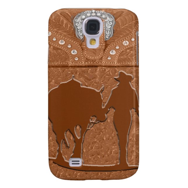 Tooled Leather "Cowgirl & Horse" Western IPhone 3 Case-Mate Samsung Galaxy Case (Back)