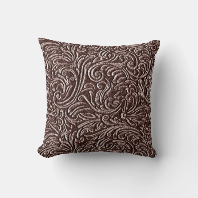 Tooled Leather Dark Brown Chocolate Rustic Look Cushion (Front)