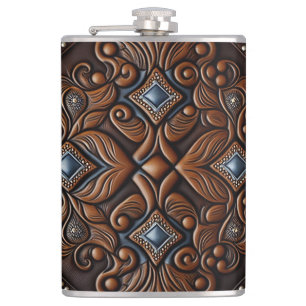 Tooled Leather Design Hip Flask