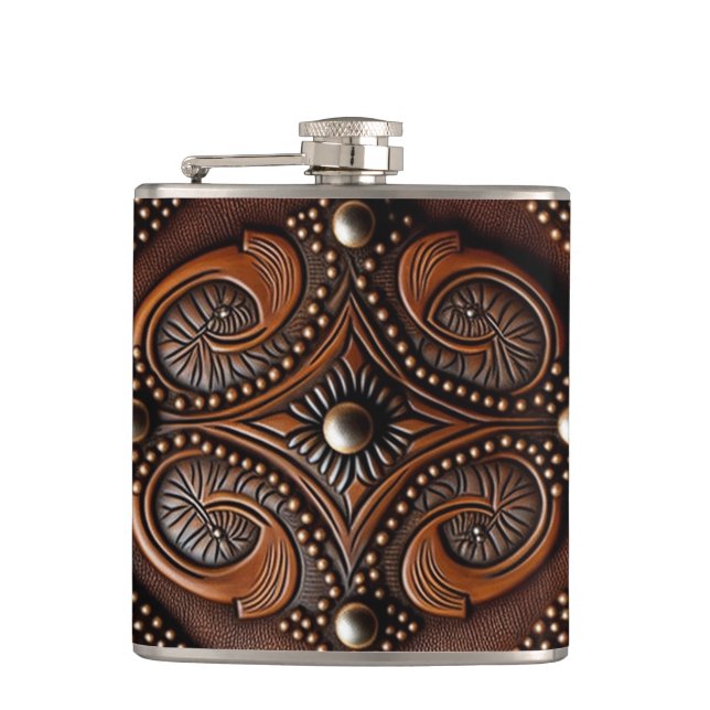 Tooled Leather Design Hip Flask (Front)