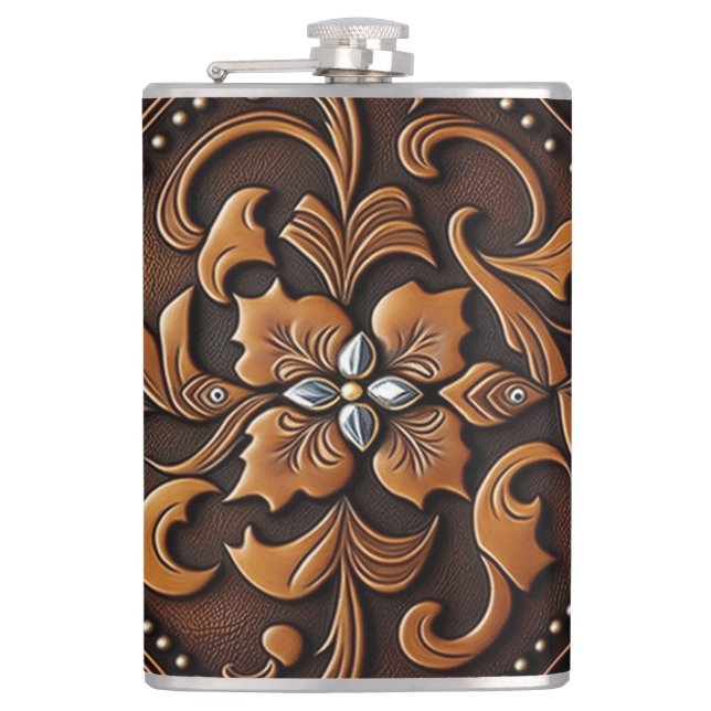 Tooled Leather Design Hip Flask (Front)
