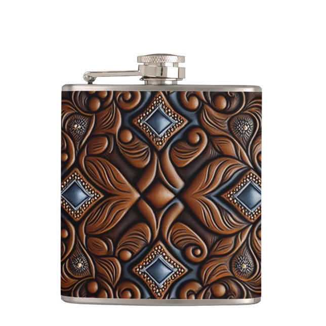 Tooled Leather Design Hip Flask (Front)
