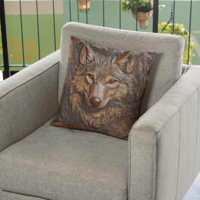 Tooled Leather Look Wolf Portrait  Cushion (Creator Uploaded)