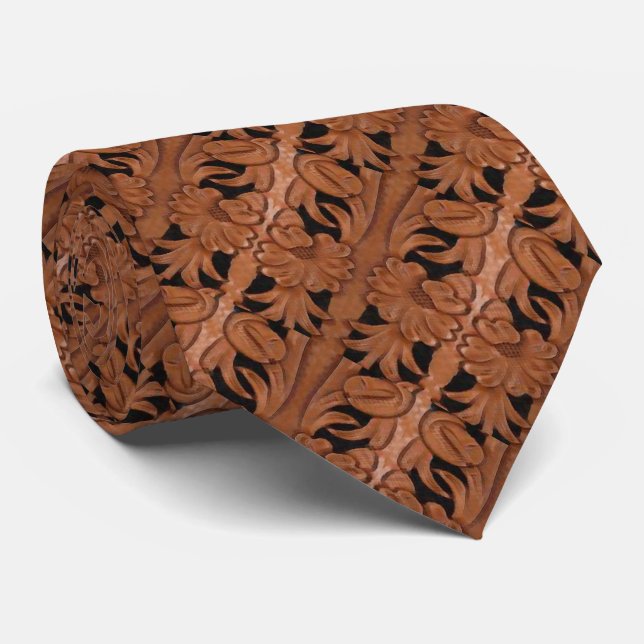 Tooled Leather Print Brown And Black Western Tie (Rolled)