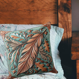 Tooled Leather Print Feathers Leaves Cushion