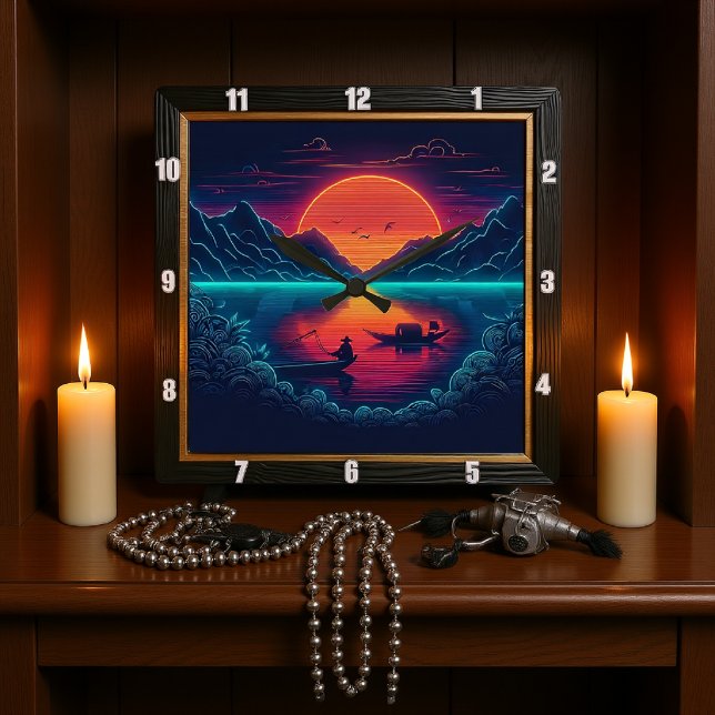 Tooled Leather Sunset Fishing Square Wall Clock (Creator Uploaded)