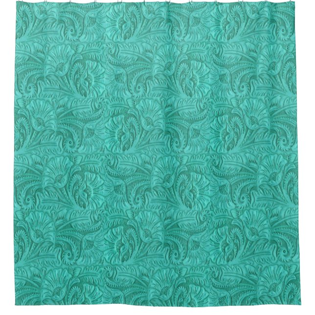 Tooled Leather Turquoise Small Print Western Shower Curtain (Front)
