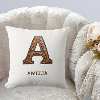 Tooled Western Leather Initial Monogram A Cushion