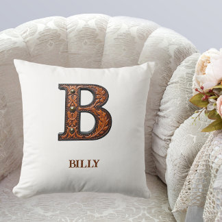 Tooled Western Leather Initial Monogram B Cushion