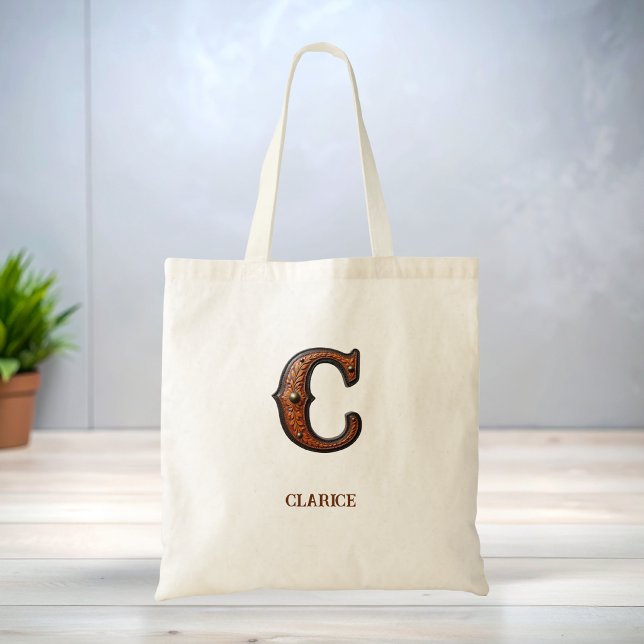 Tooled Western Leather Initial Monogram C Tote Bag (Creator Uploaded)