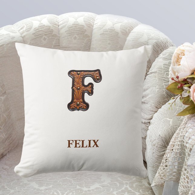 Tooled Western Leather Initial Monogram F Cushion (Creator Uploaded)