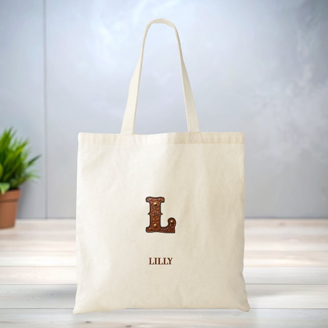 Tooled Western Leather Initial Monogram L Tote Bag (Creator Uploaded)