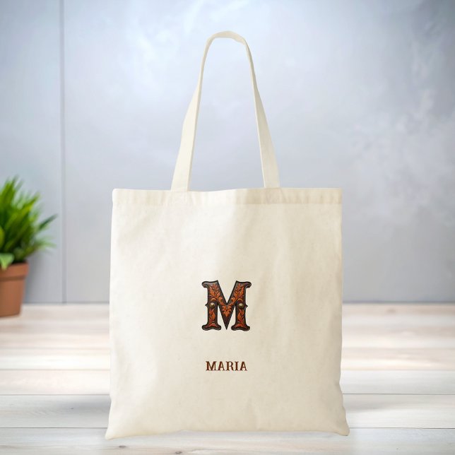 Tooled Western Leather Initial Monogram M Tote Bag (Creator Uploaded)