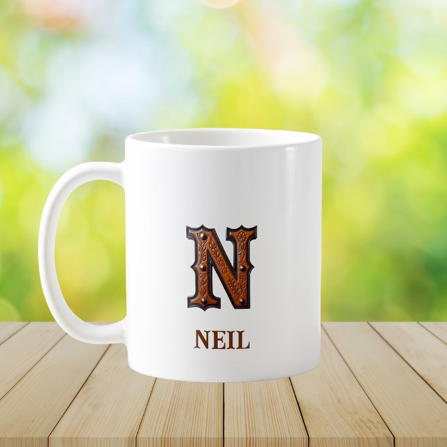 Tooled Western Leather Initial Monogram N Coffee Mug (Creator Uploaded)