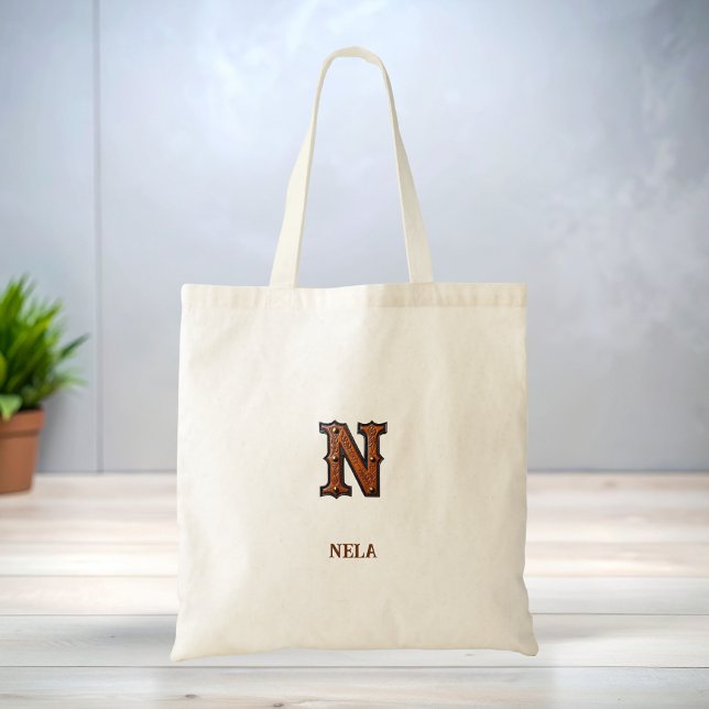 Tooled Western Leather Initial Monogram N Tote Bag (Creator Uploaded)