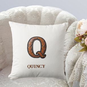 Tooled Western Leather Initial Monogram Q Cushion