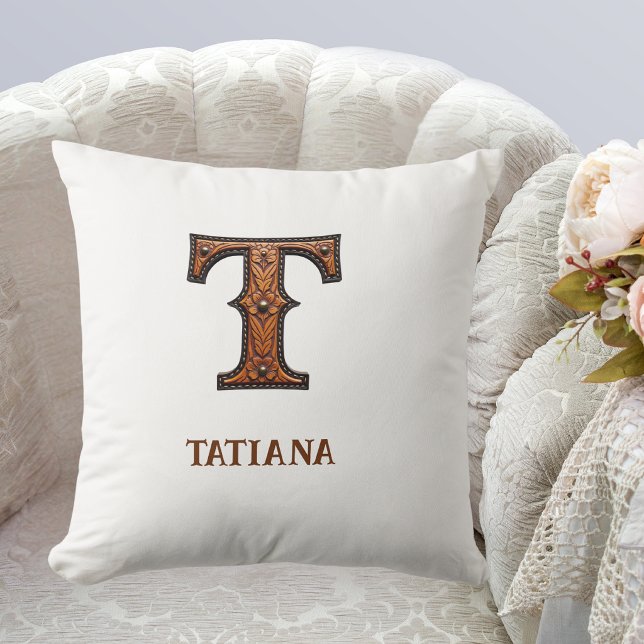 Tooled Western Leather Initial Monogram T Cushion (Creator Uploaded)