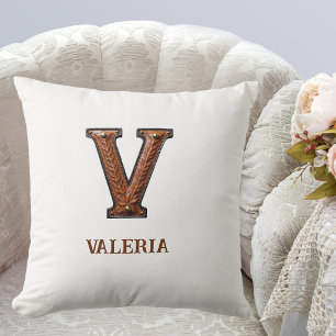 Tooled Western Leather Initial Monogram V Cushion