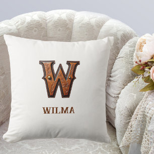 Tooled Western Leather Initial Monogram W Cushion