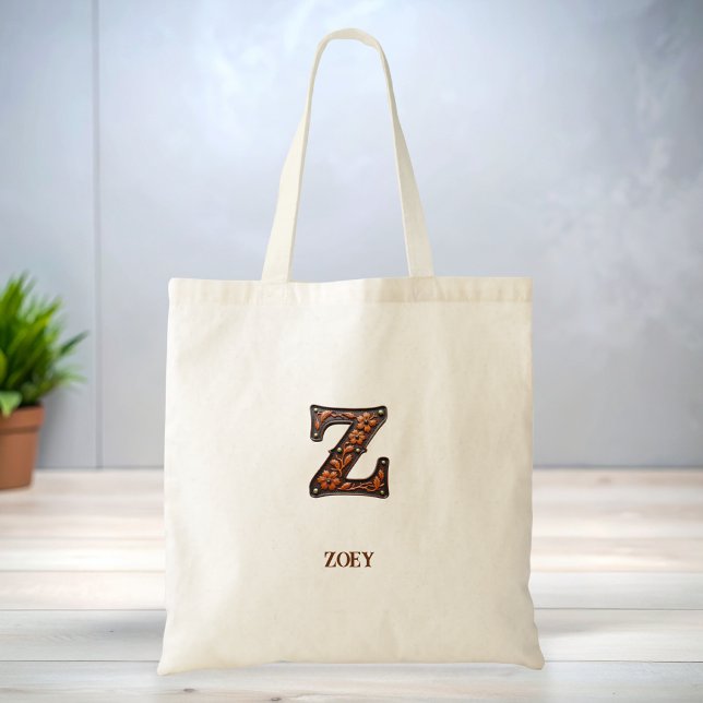 Tooled Western Leather Initial Monogram Z Tote Bag (Creator Uploaded)
