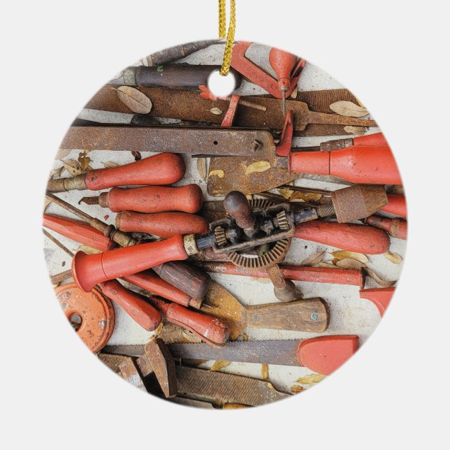 Tools Antique Rustic Red Man Tool Ceramic Ornament (Front)